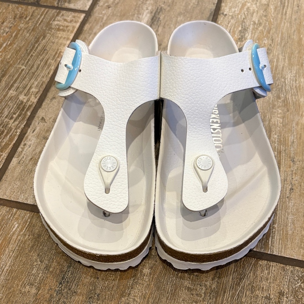 Birkenstock White Sandals with Blue Accents